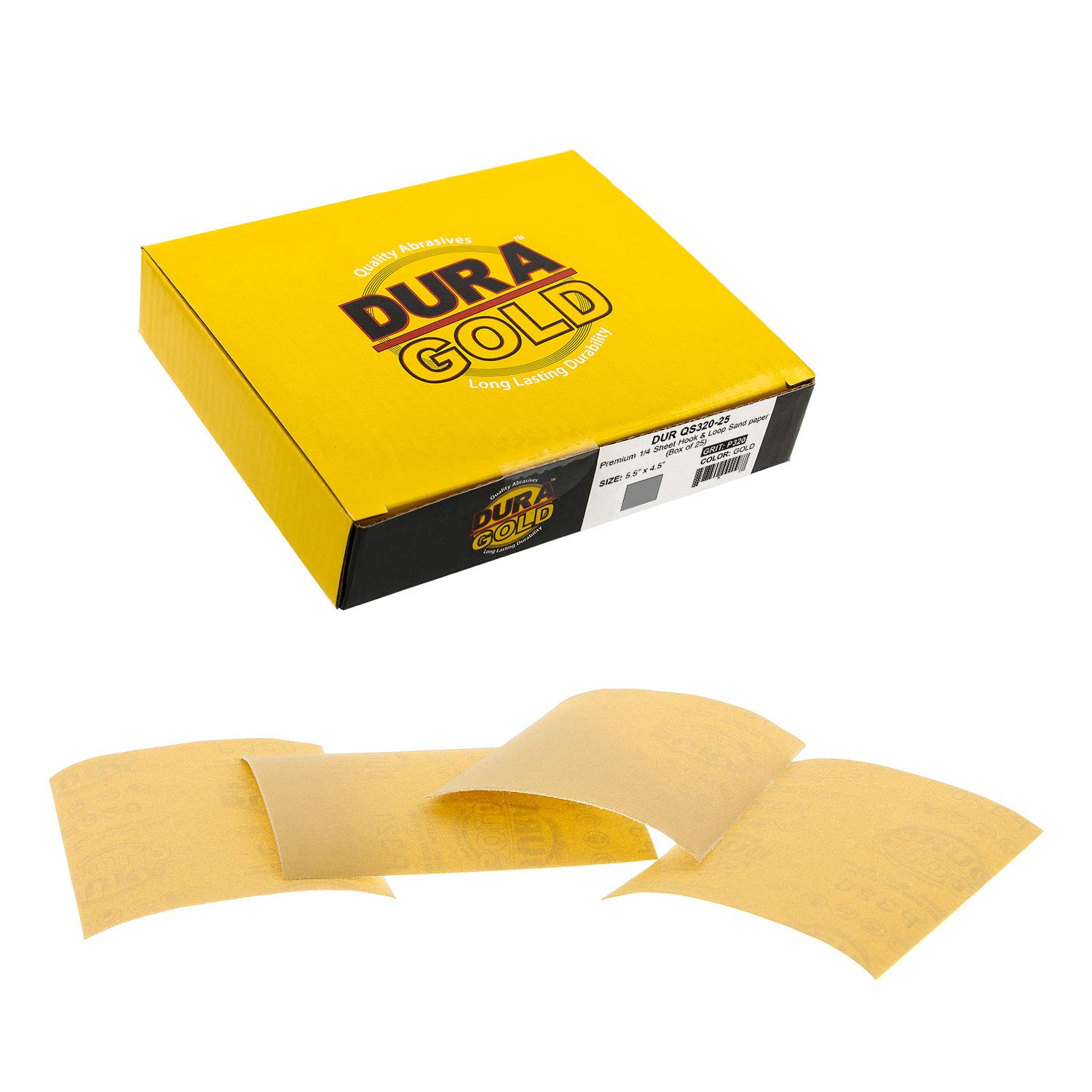 Dura-Gold - Premium - 320 Grit Gold - 1/4 Sheet Hook & Loop or Clip On Sandpaper 5.5" x 4.5" - For Automotive & Wookworking Palm Sanders - Box of 25