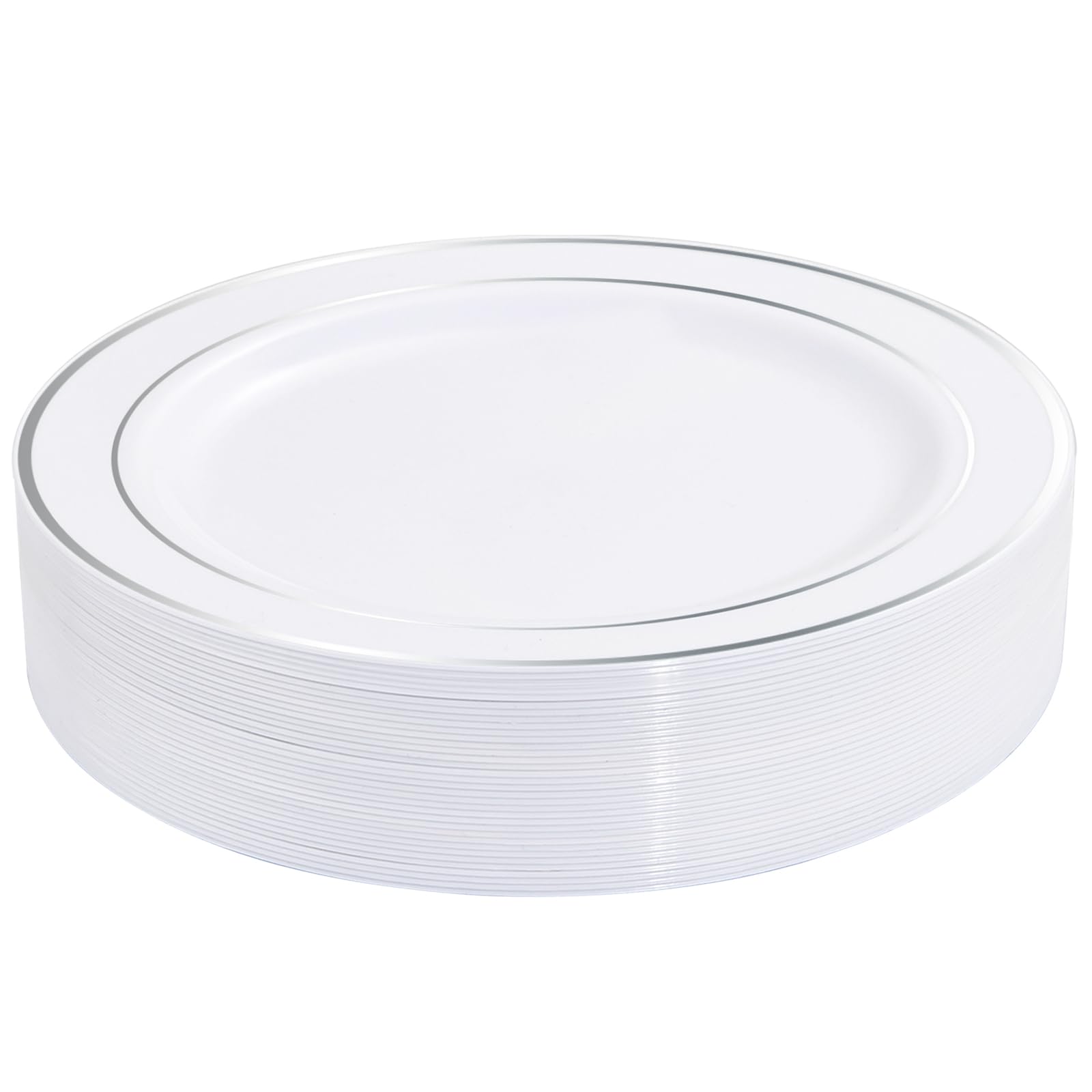 Photo 1 of bUCLA 30PCS Silver Plastic Dinner Plates Disposable - Premium Heavy Duty 10.25inch Silver Plastic Party Plates, White and Silver Plastic Wedding Plates