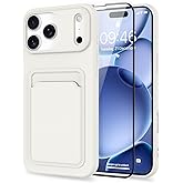 MZELQ Compatible with iPhone 17 Pro Case 2025 TPU Card Holder Wallet,Camera Protection + Screen Protector Soft Card Slot Phone Cover for Girls Women -White
