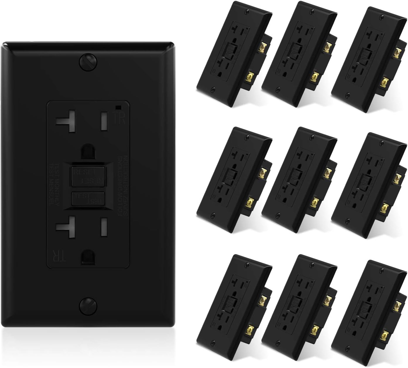 10 Pack ELEGRP 20 Amp GFCI Outlet, 5-20R Ultra Narrow GFI Dual Receptacle, TR Tamper Resistant with LED Indicator, Self-Test Ground Fault Circuit Interrupters, Wall Plate Included, UL Listed (Black) - - 