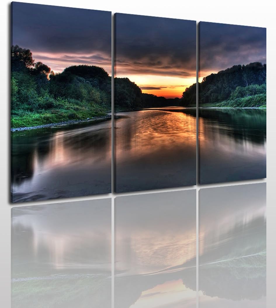 Landscape Canvas Wall Art Painting Modern Design Picture for Home Office Decor - 3 Pieces Scienic Lake Mountain Framed On Wooden Frame Image Pictures Photo Artwork Decoration Ready to Hang