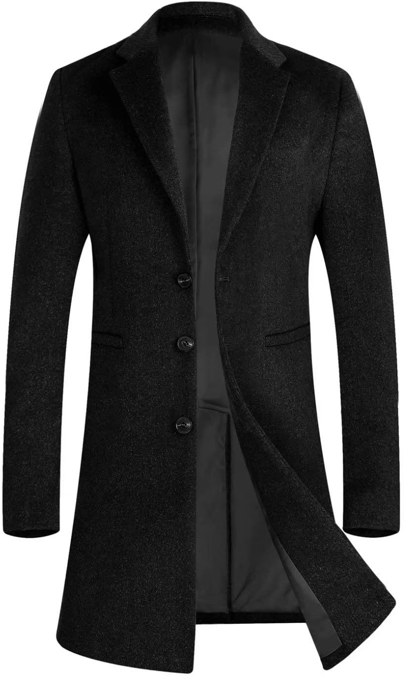 iCKER Mens Trench Coat Winter Wool Blend Jacket Overcoat Long Top Coat Warm Pea Coat