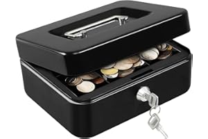 HOLOJOY Locking Cash Box with Removable Coin Tray,Durable & Scratch Resistant Money Box, Portable Lock Safe Box with Handle