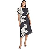 Maggy London Women's Floral Short Sleeve Boat Neck A-line Midi Wedding Guest Dresses