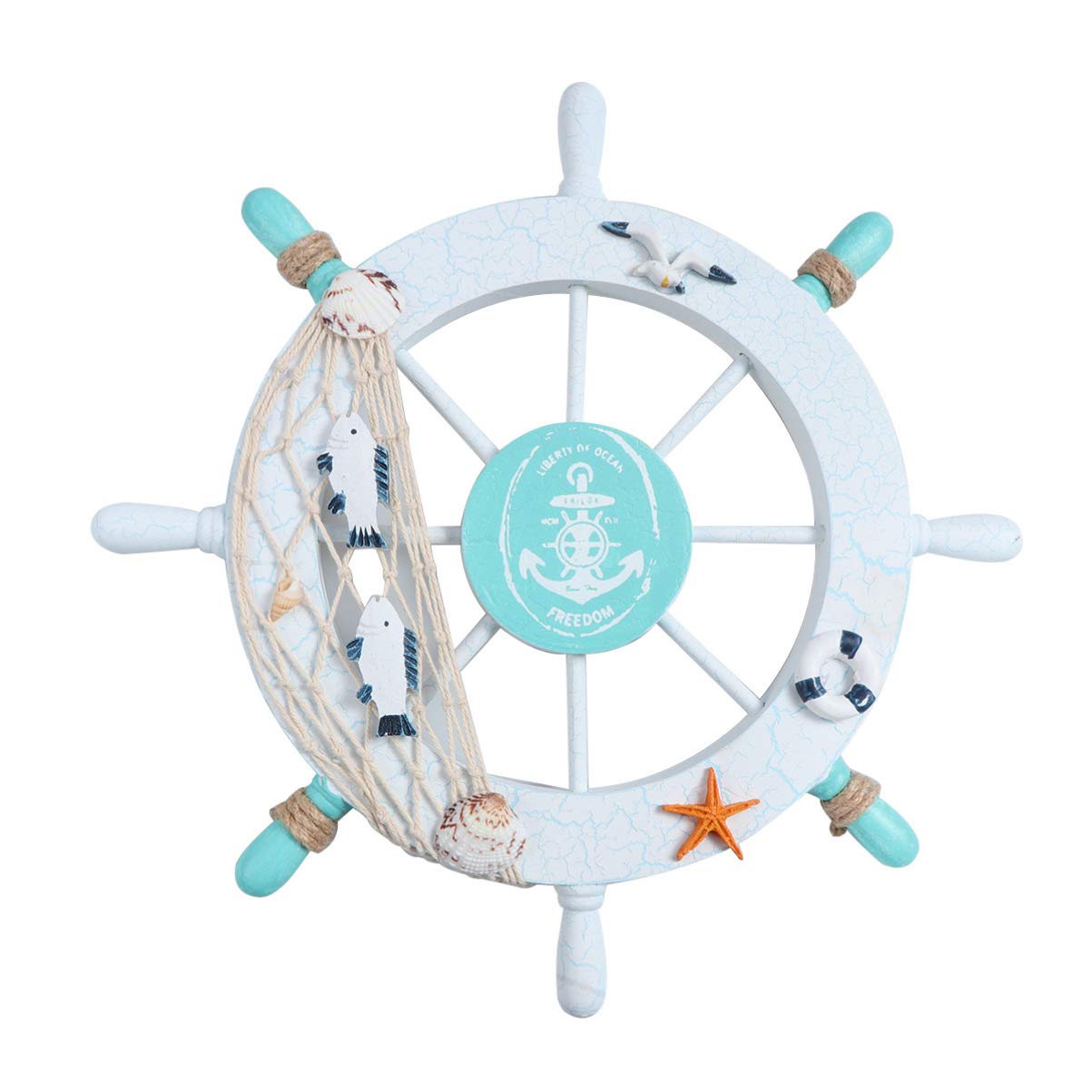 Winomo Wooden Wall Decoration with Beach, Shell, Boat Wheel and Fishing Net Design