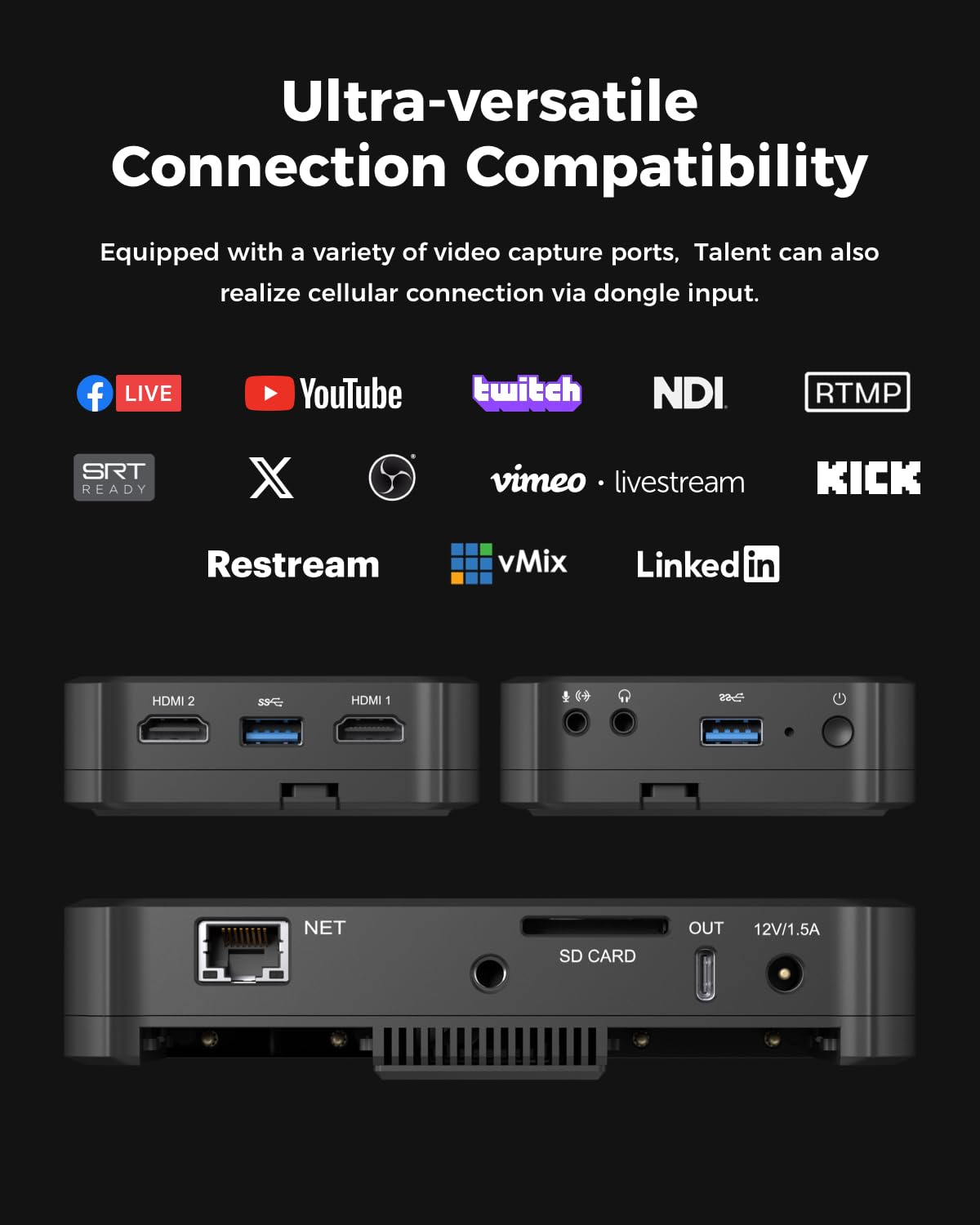 OBSBOT Talent Video Switcher Monitor Encorder Recorder All in One Video Mixer with 7 Video Inputs, Live Streaming to NDI/RTMP/SRT/YouTube and Others Platforms via Wi-Fi, 4G LTE, Ethernet, USB Port.