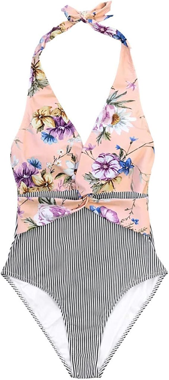 Striped Halter OnePiece Swimsuit Twist Monokini Beach Bathing Suits