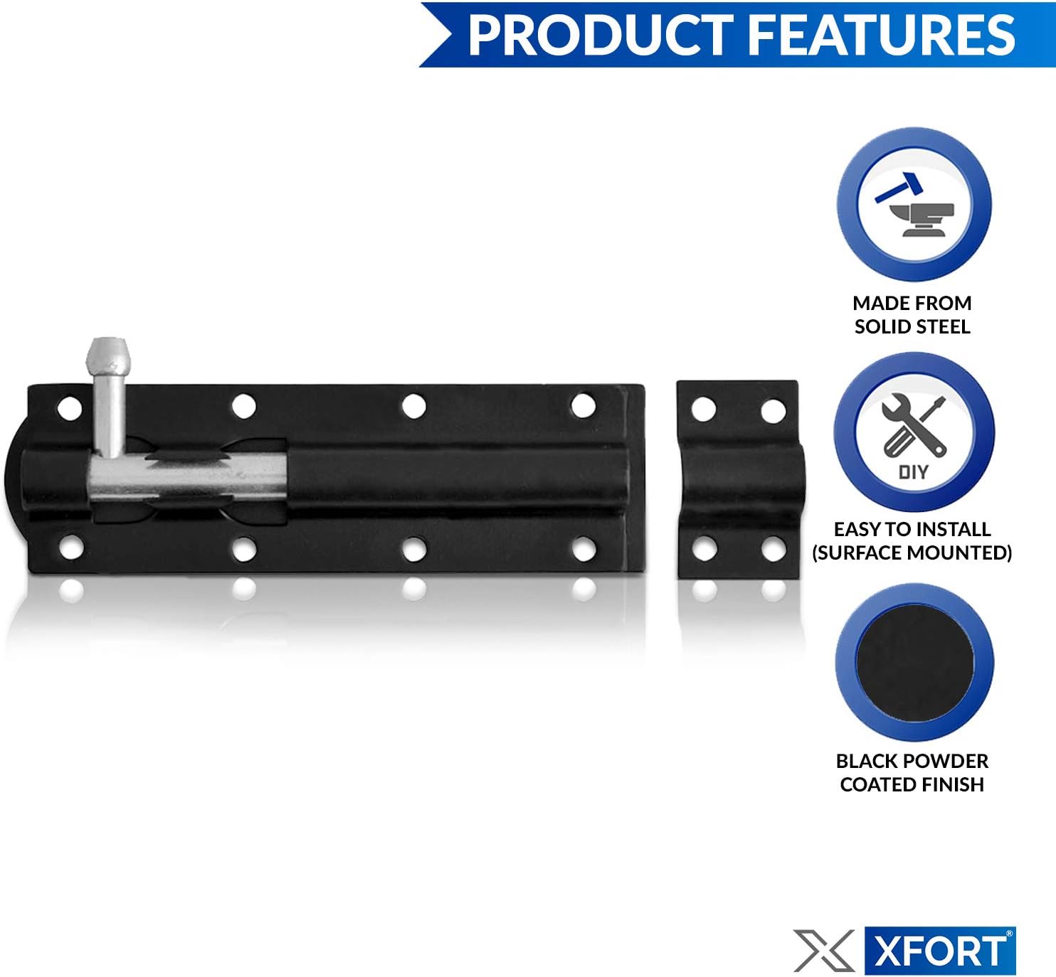 XFORT® 2 Pack Heavy Duty Tower Lock Black 200mm (8"), Strong Black Coated Door Barrel - Image 4
