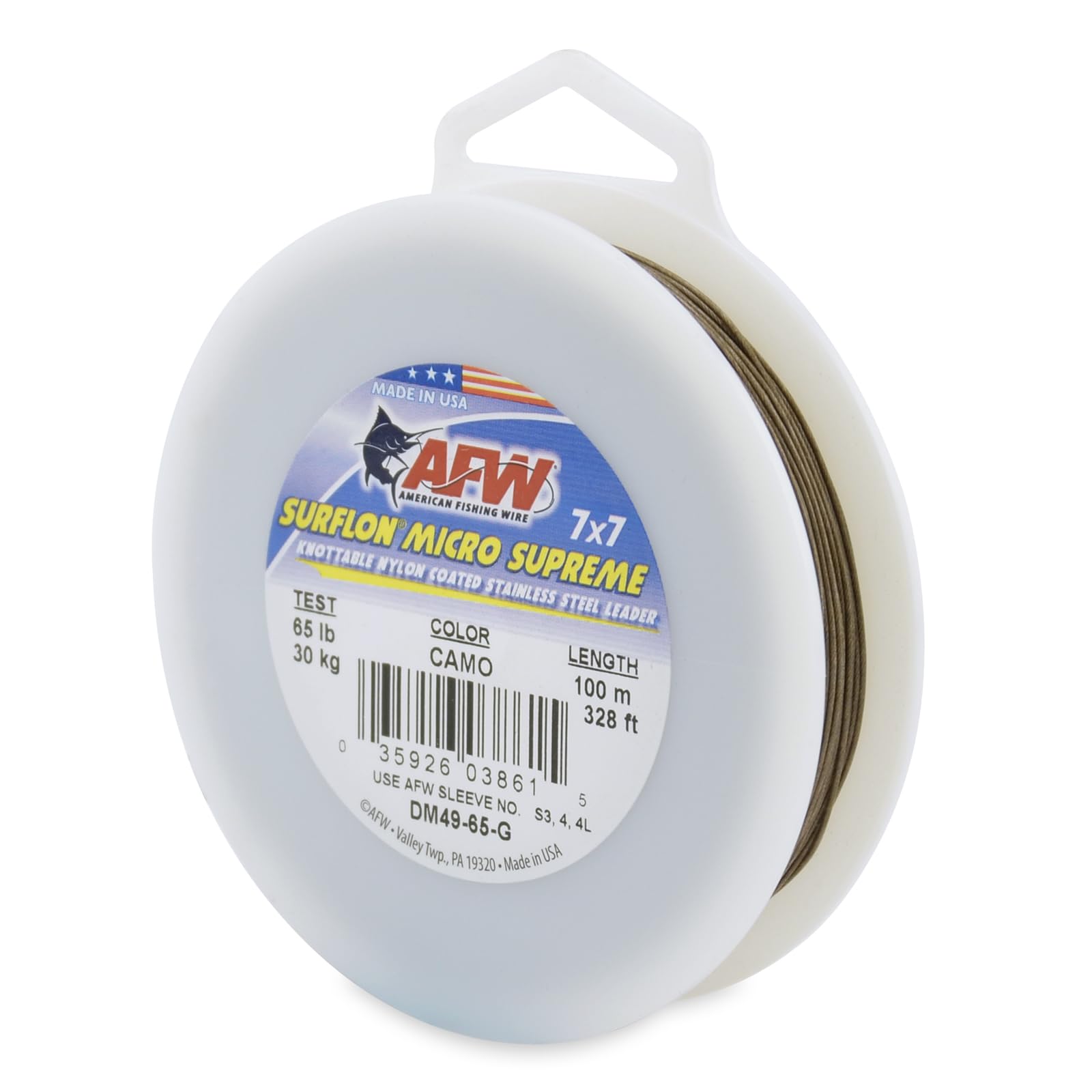 American Fishing Wire Surflon Micro Supreme, Nylon Coated 7x7 Stainless Steel Leader Wire, 65 lb Test, 030" Diameter, Camo, 100 m