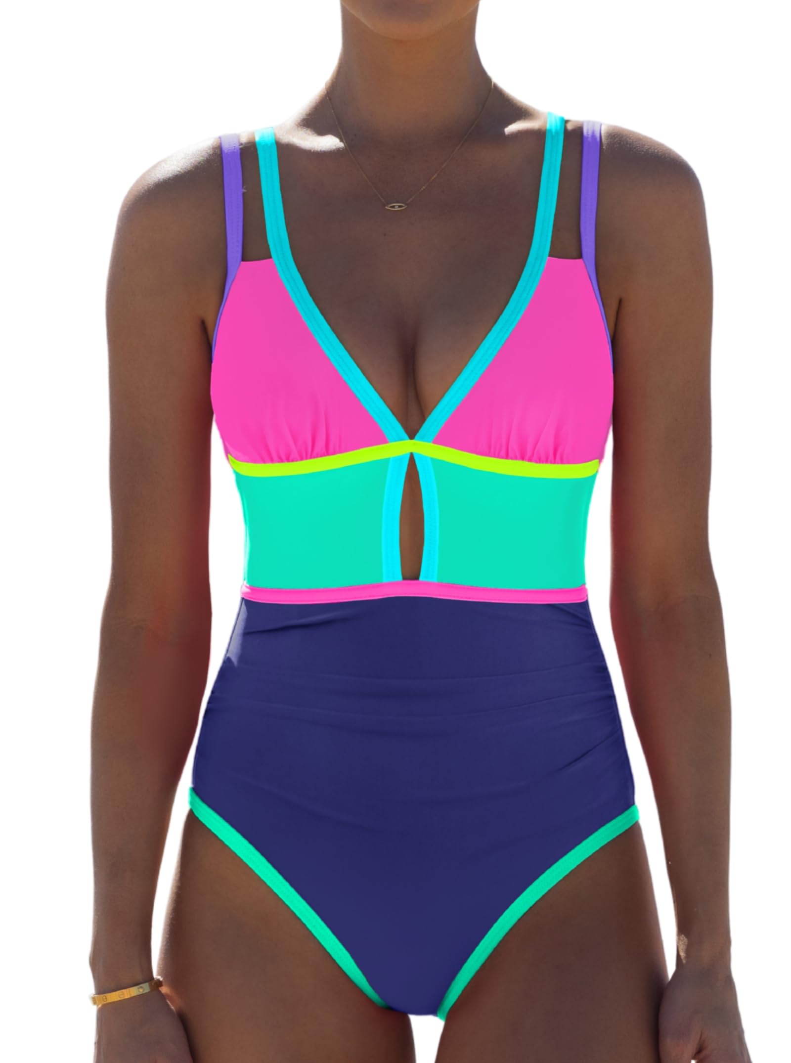 Photo 1 of popvil Women One Piece Swimsuit 2025 Tummy Control Sexy Cutout Neon Color Block Bathing Suit Deep V Neck Adjustable Swimwear, Purple&Navy, X-Large