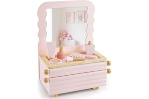 PIIKAGO Wooden Kids Vanity Set with Acrylic Display Case, Pretend Play Toddler Makeup Vanity for Girls, Beauty Salon Set with Makeup Accessories, Little Girls Gift Age 3+ (Pink)