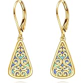 14K Solid Gold Celtic Knot/Teardrop Filigree/Freshwater Pearl Dangle Earrings for Women, Real Gold Leverback Drop Earrings Fine Jewelry Gifts for Christmas Birthday Mother's Day