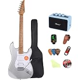 Bullstar M100S Electric Guitar Kit - Silver, Full Set for Beginners | 39"Solid Body, Stunning Metallic Silver, SSH Alnico Pickups, with Guitar Picks, Strap, Strings, Amp, Gig Bag