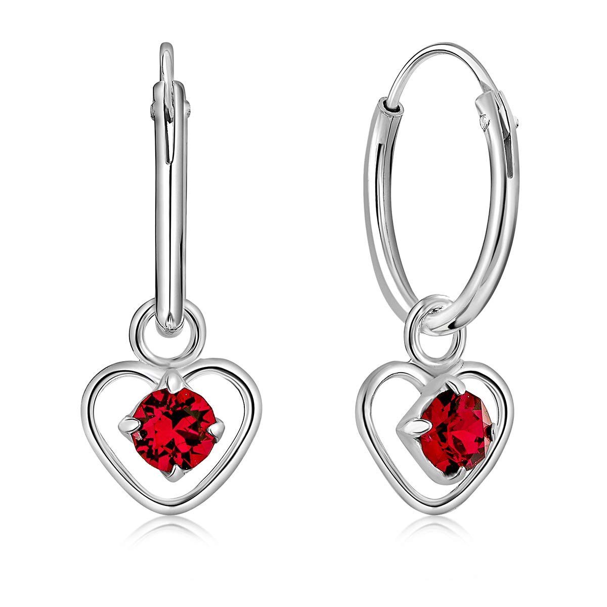 925 Sterling Silver Small Hoops Earrings with Dangling Heart in Glittering Crystals 3 mm - Faux Ruby Heart Earrings - Thickness 1.2 mm - Diameter: 12 mm