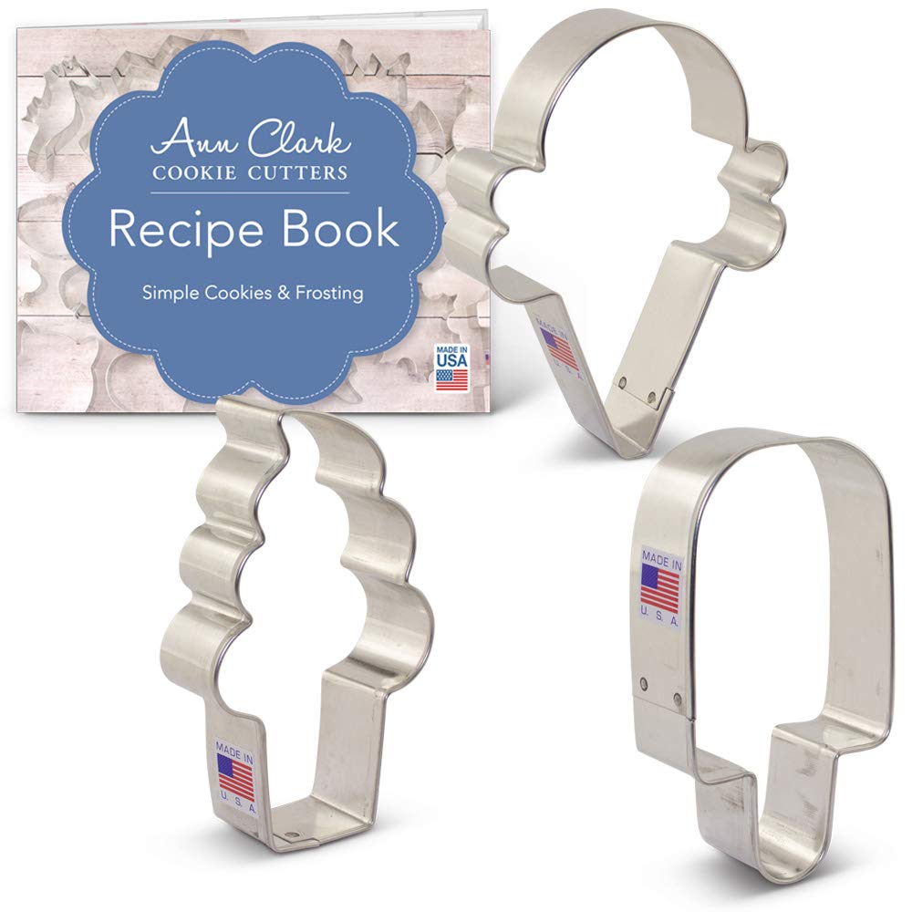 Ann Clark Cookie Cutters 3-Piece Ice Cream Cookie Cutter Set with Recipe Booklet, Popsicle, Hard and Soft Ice Cream Cone