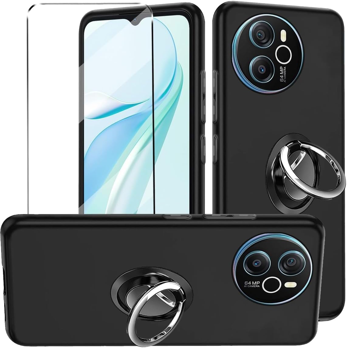 3-in-1 Case + Phone holder Ring Compatible with Blackview Shark 8/Oscal Tiger 12 Cover with 1 Pack Tempered Glass Screen Protector Slim Fit Soft TPU Shockproof Anti-Scratch Phone Case Cover - Black