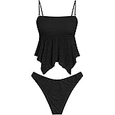 ZAFUL Tankini Swimsuits for Women Flowy Swimwear Mesh Lace Jacquard Two Piece Bathing Suit High Cut Tanga Tankini Set