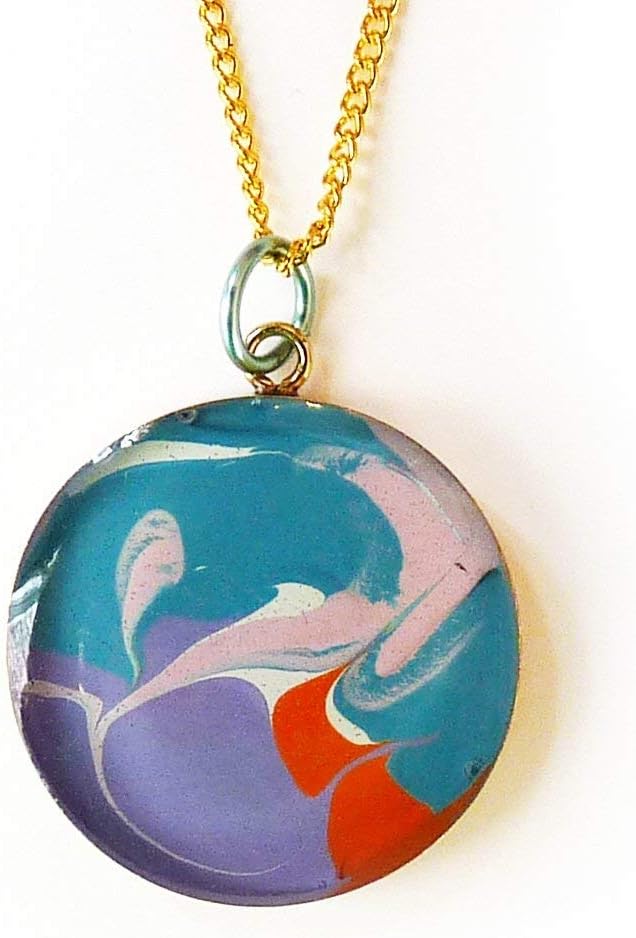 Purple, Red, Teal, Gold Hand Painted Handmade Round Pendant Necklace - Acrylic Painting & Resin Pendant, Art Gift for Women - Individually Handmade – Valentine's Day Gift, Gift for Her - Resin Jewelry