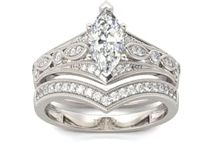 Jeulia 2 Pieces Ladies Rings Set Sterling Silver Milgrain Marquise Cut Rings Jewelry for Bridal Wedding Band Engagement Anniv