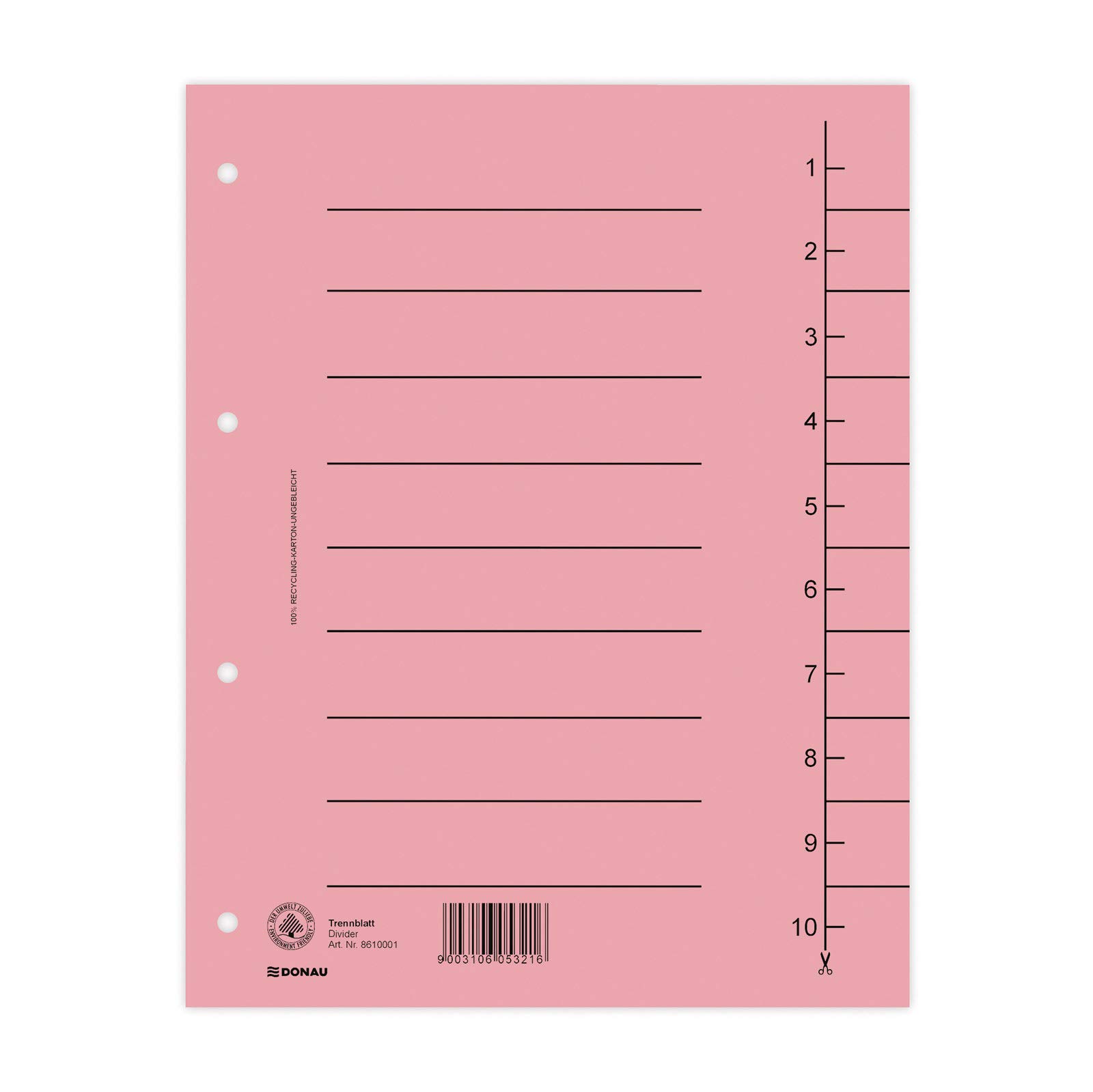 DONAU 8610001-16 Pack of 100 Dividers, Colour: Pink/Cardboard Index Extra Wide Made of Recycled Cardboard 250 g/m² with Line Print for DIN A4 4-Way Holes Dividers Dividers Folder Index