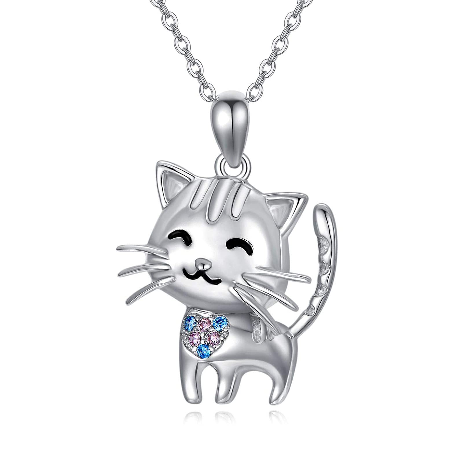 TRISHULA 925 Sterling Silver Cat Necklace Hypoallergenic Animal Pendant Sparkling Cubic Zirconia Chain Jewellery Gift for Women Girls Kids
