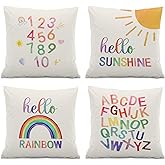 ISANOU Nursery Decorative Pillow Covers,Hello Sunshine Rainbow Alphabet Throw Pillow Covers Decor for Kids Room Nursery Playroom,Boho Classroom Corner Decor,8x18 Inch Pillowcase Set of 4