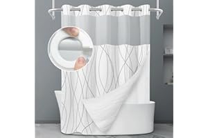 LXBNI No Hook Grey White Striped Shower Curtain with Snap in Fabric Liner Set - Hotel Liner Set with See Through Mesh Top Window,Machine Washable, 71x74 INCH