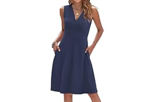 WNEEDU Women Summer Dress Sleeveless Casual Dresses V Neck Wrap Waist Dress with Pockets
