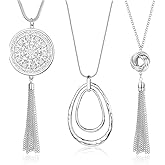 SEVENSTONE 3PCS Long Pendant Necklaces for Women Knot Disk Circle Tassel Statement Sweater Necklace Set