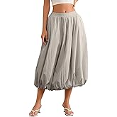 SSPalu Bubble Skirts for Women Long Length Y2k Trendy Elastic Waist Balloon Hem Summer Flowy Midi Skirt with Pockets