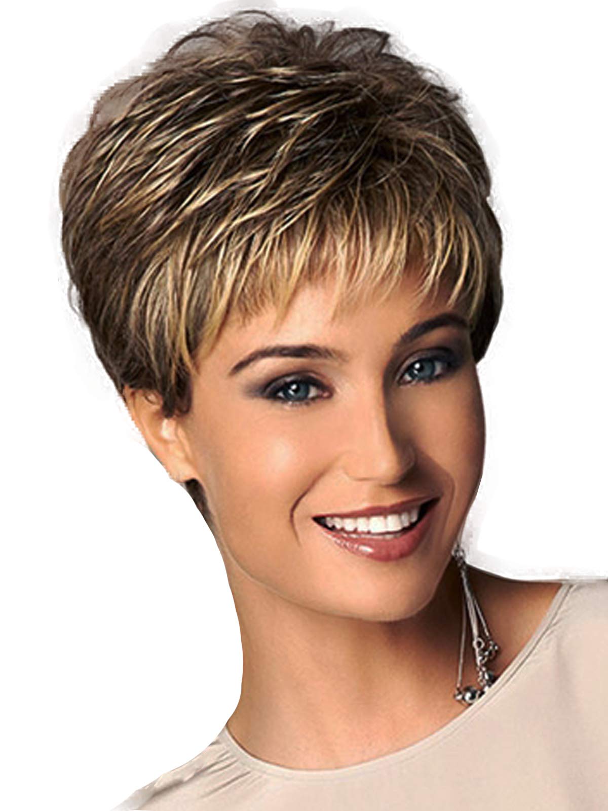 Royalfirst Short Slight Wavy Synthetic Hair Wig Short Layered Pixie Cut Wigs for Women Lady with Bangs