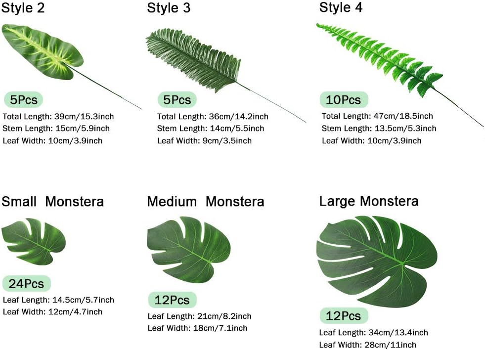 Auihiay 103 piezas 12 tipos de hojas de palmera tropical artificiales