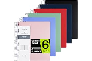 ONAVIA Spiral Notebook for School 6 Pack, 3 Subject, College Ruled Paper, 150 Sheets, 9" x 11", 3 Dividers with Pockets, 3 Hole Punched Perforated, Plastic Cover, Lined Journal Bulk, Assorted Colors