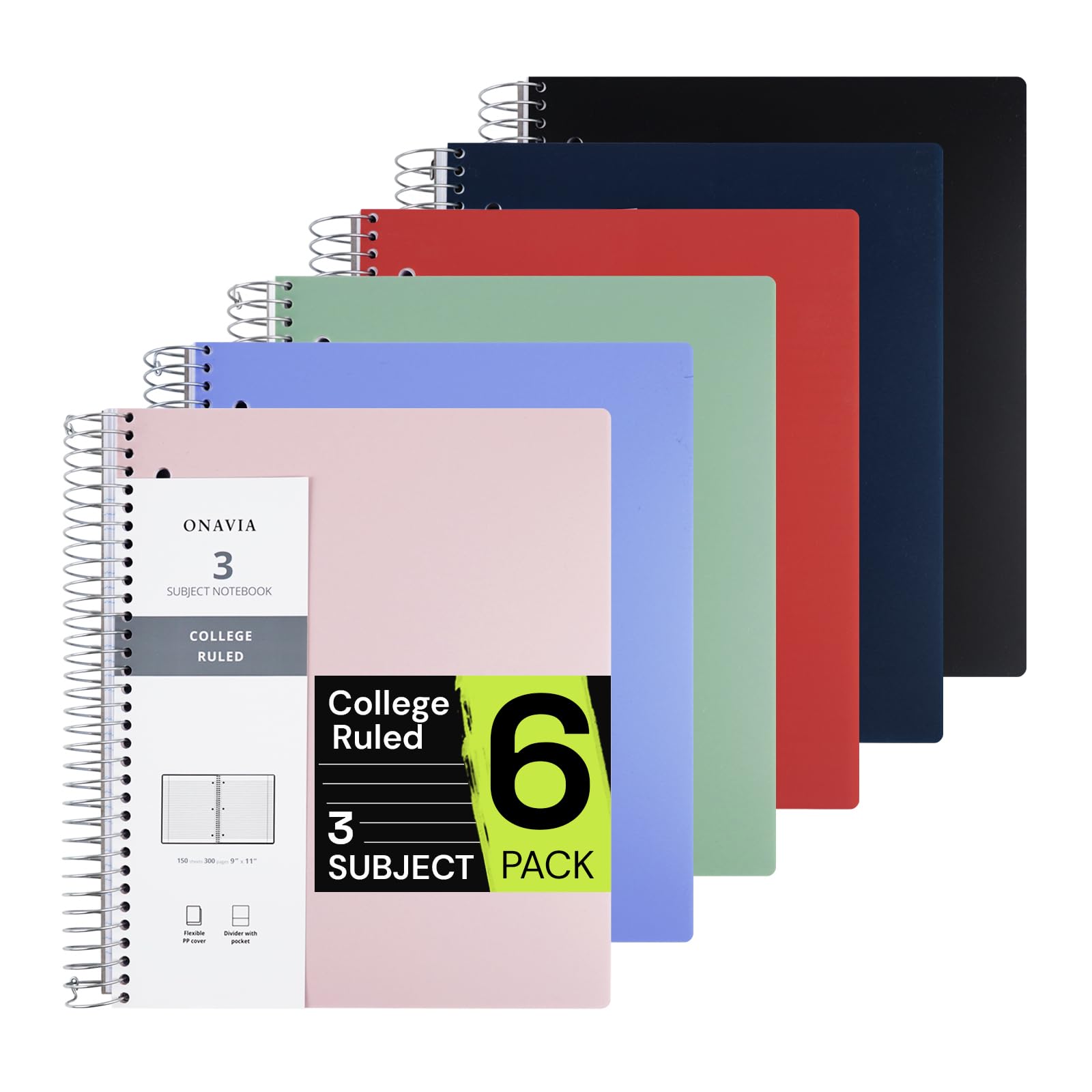 Photo 1 of ***ONLY 5***ONAVIA Spiral Notebook for School 6 Pack, 3 Subject, College Ruled Paper, 150 Sheets, 9" x 11", 3 Dividers with Pockets, 3 Hole Punched Perforated, Plastic Cover, Lined Journal Bulk, Assorted Colors***
