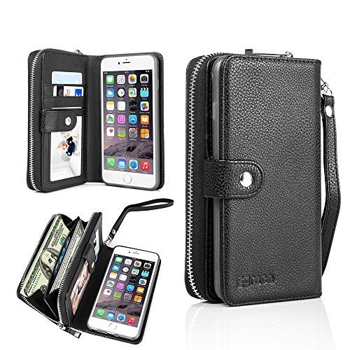 iPhone 7 Plus Wallet Case, Egrace iPhone 7 Plus Purse Case, Magnetic Detachable Zipper Case with Strap and Card Slot for iphone 7 Plus 5.5 Inch (Black)