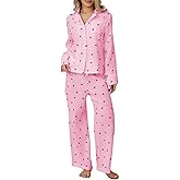 Seyurigaoka Womens Valentines Pajama Sets Cotton Pj Set Cute Heart Print Long Sleeve Button Shirt+Pants 2 Pieces Loungewear