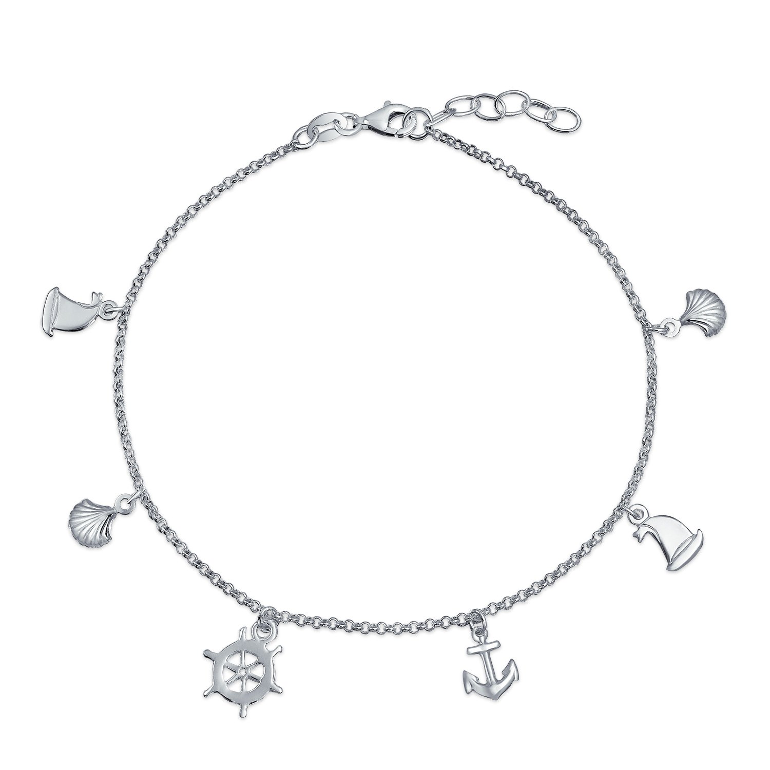 Bling Jewelry Nautical Multi Charm Dangle Anchor Sailboat Ship Wheel Sea Shell Anklet Ankle Bracelet For Women .925 Sterling Silver Adjustable 9, 10 Inch With Extender