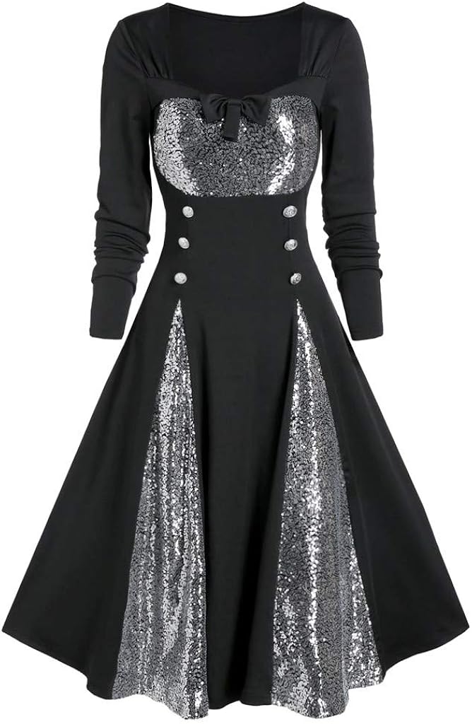 Women Plus Size Punk Gothic Skull Lace Insert Mock Button Bowknot Dress: Clothing