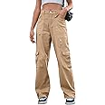 IVIR Cargo Pants Women High Waist Wide Leg Casual Pants with 7 Pockets Stretchy Drawstring Baggy Y2K Trousers