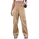IVIR Cargo Pants Women High Waist Wide Leg Casual Pants with 7 Pockets Stretchy Drawstring Baggy Y2K Trousers