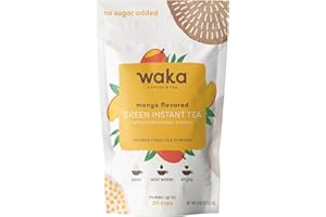 WAKA COFFEE Waka Tea Powder — Unsweetened Mango Green Instant Tea Travel Size/Sample Packet — 100% Tea Leaves — 20 Servings for Hot or Iced Tea