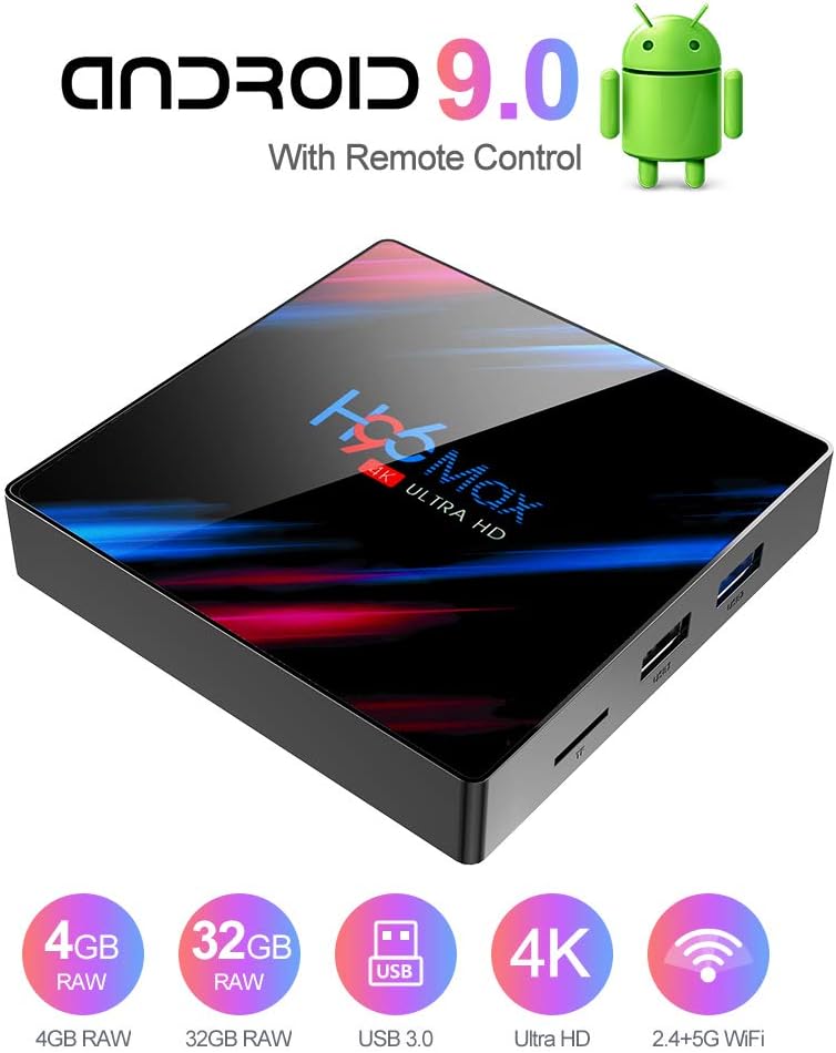 Android TV Box Android 9.0 TV Box Smart Media Box 4GB RAM 32GB ROM RK3318 Quad Core Bluetooth 4.2 WIFI 2.4G & 5G Ethernet 1USB 3.0 & 1USB 2.0 Set Top Box Support 4K Ultra HD Internet Video Player