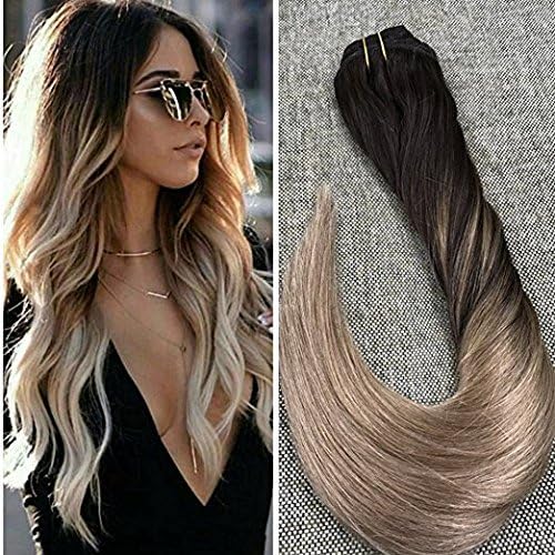 Ugeat 16inch Clip in Human Hair Extensions Double Weft Ombre Color Brown to Ash Blonde Human Hair Clip On Remy Hair Extensions 10Pcs 120Gram