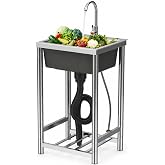 Freestanding Outdoor Utility Sink, Stainless Steel, 360&deg; Faucet and Drain | 17.7 x 15.7 x 29.5 in, Single Bowl, 360&deg; Faucet, Strainer Basket, S-bend Drain, 143 lb Load, for Patio, Garden and Outdoor
