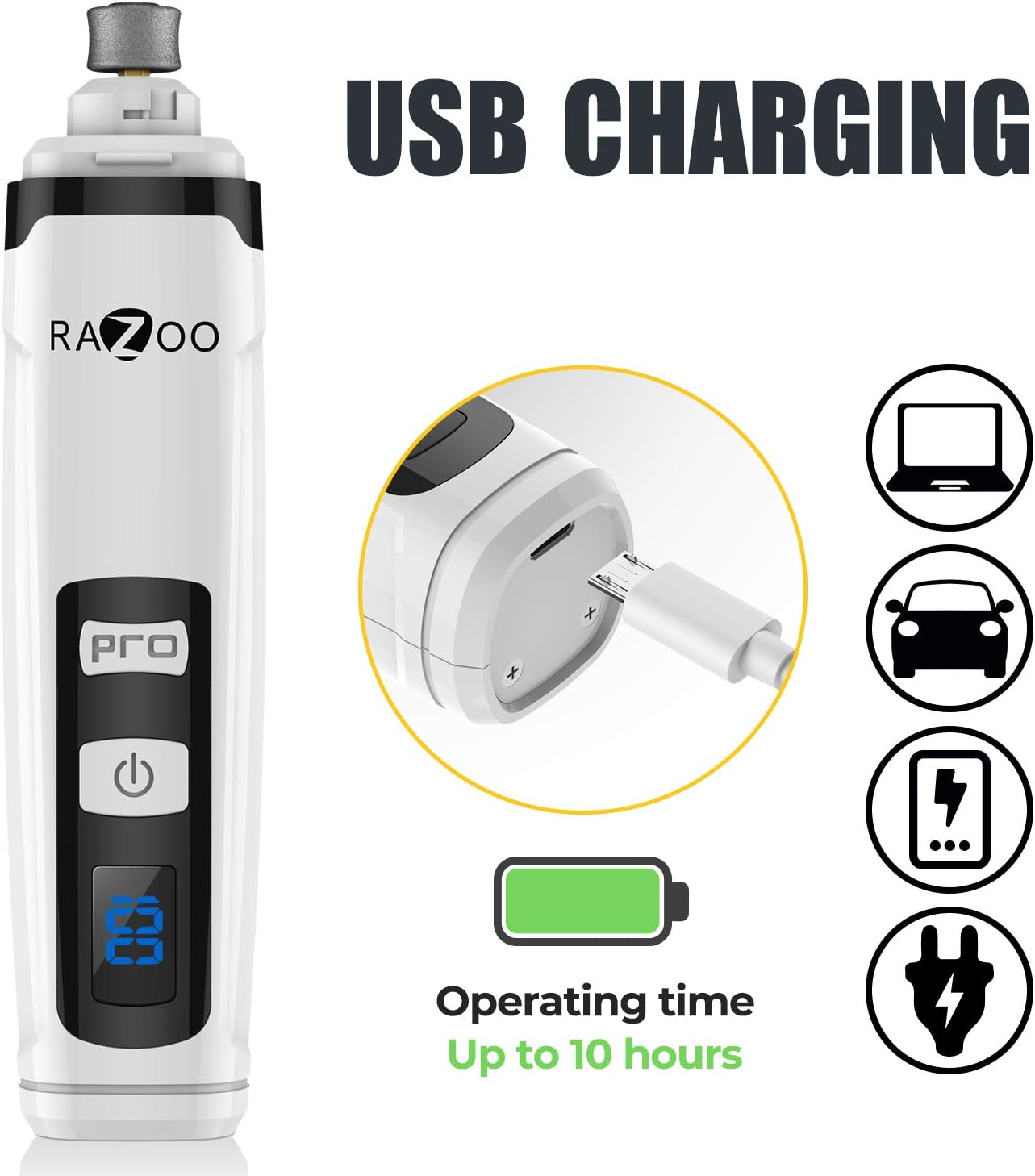Razoo Dog Nail Grinder with Two Speed & Three Ports – Rechargeable Electric Pet Nail Trimmer for Cats, Large, Medium & Small Dogs – Low Noise & Quiet – Painless Paw Smoothing, Grooming, Trimming Tool