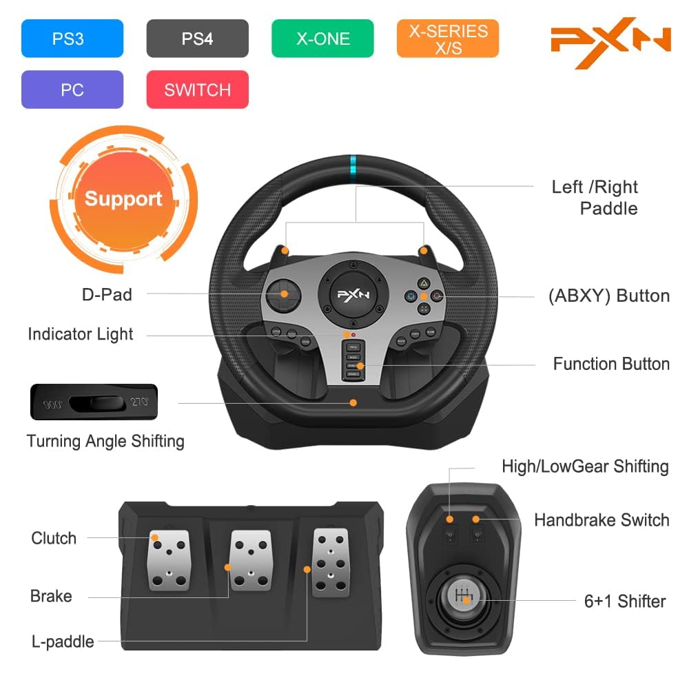 PXN V9 Gaming Steering Wheel, 270/900 Degree with Pedals and Shifter for Xbox One, Xbox Series S/X,PC, PS4, PS3, Switch