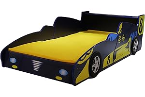 LKTART Twin Size Bed Frame for Kids, Race Car-Shaped Wooden Platform Bed with Headborad Wheels and Support Slats for Boys Girls Toddlers (Blue)