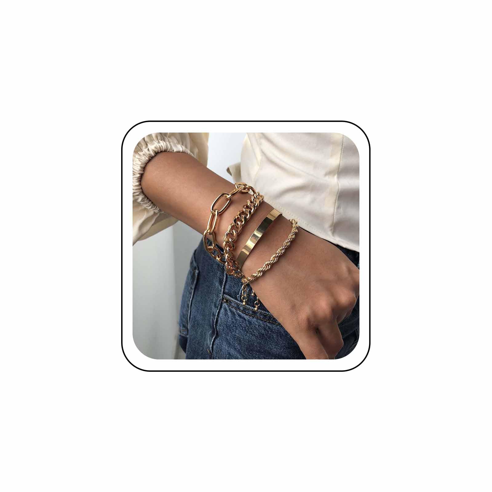Wendalern Punk Layered Paperclip Link Bracelet Twist Chain Bracelet Set Multilayer Gold Cuban Link Chain Bracelets Chunky Thick Cuff Bangle Bracelets Jewelry for Women Teen Girls