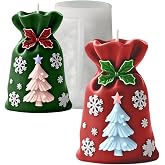 Christmas Gift Bag Silicone Mold, 3D Xmas Tree Candle Soap Resin Mold | 3D Embossed Christmas Tree Snowflake Holly Silicone Mold for Candle Making Soap Resin, Holiday DIY Craft Mold