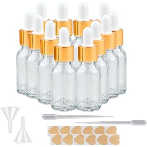 AGZHTYJQ 12 Pack 1/2 oz Clear Glass Essential Oil Dropper Bottles, Reusable Tincture Bottles with Gold Cap, Plastic Pipette,